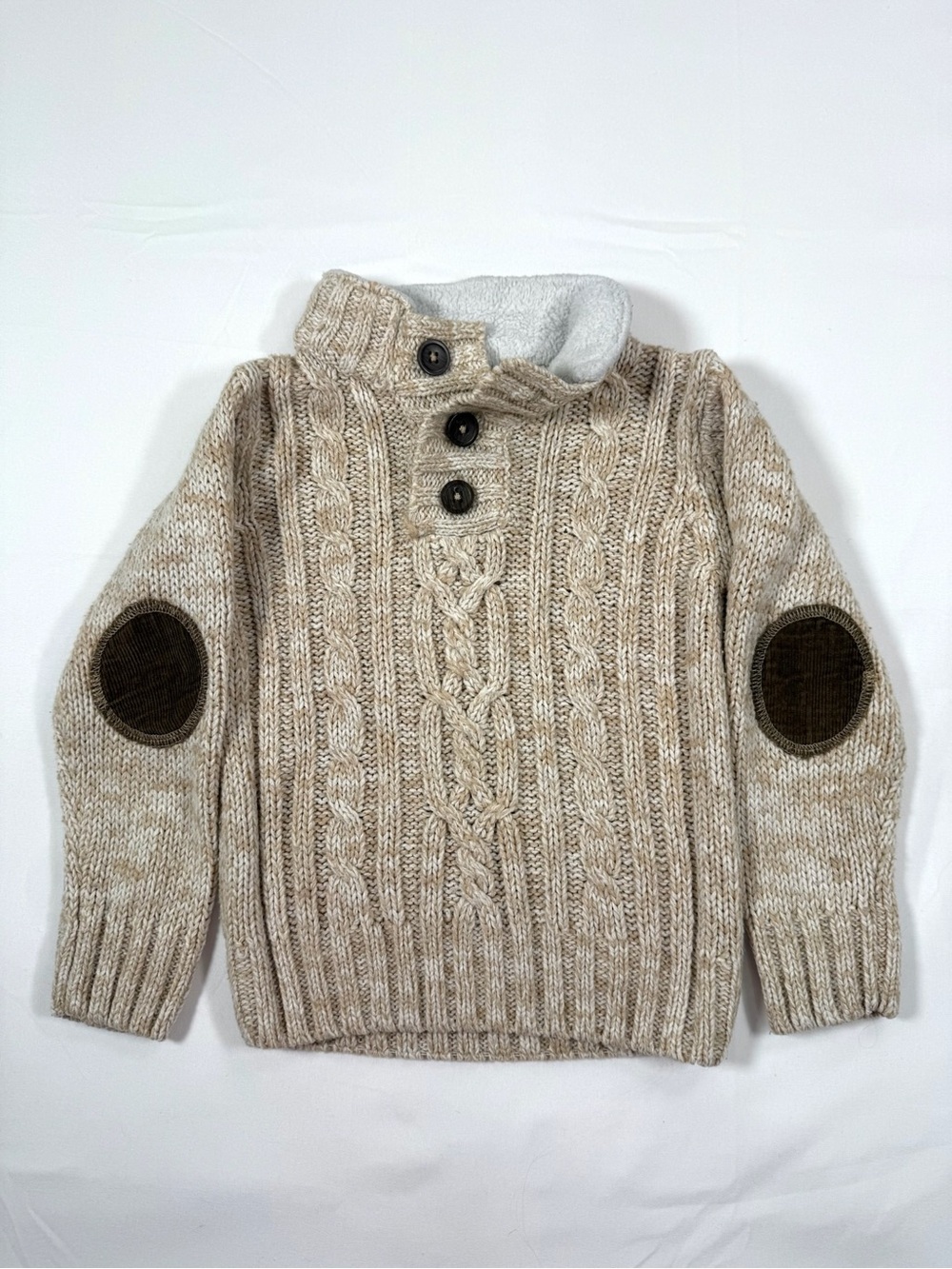 LITTLE LAD Boys Cable Knit Sweater Size 24M Oatmeal Sherpa Elbow Patch Grandpa